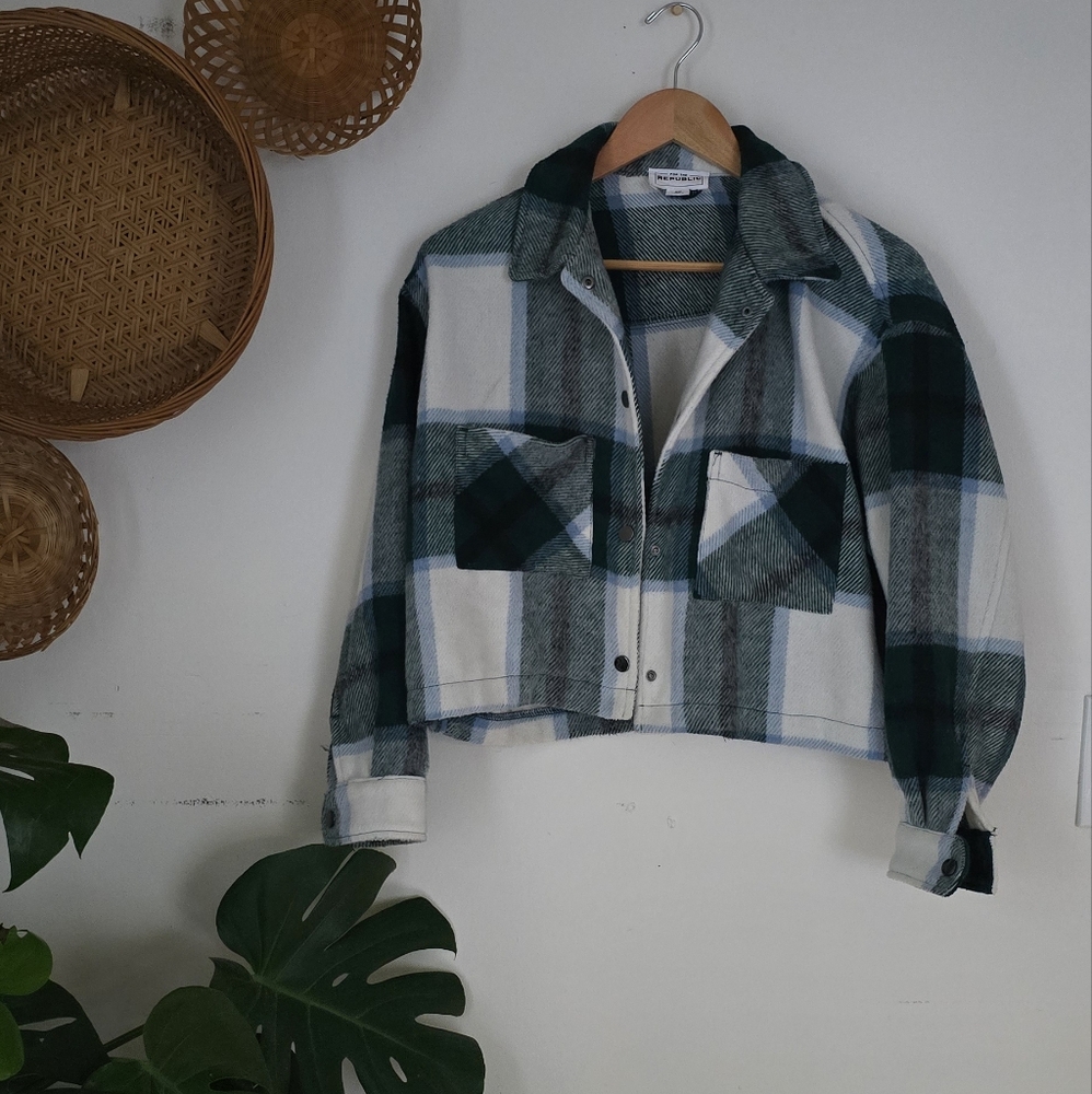 For The Republic Green and White Plaid Utility Jacket